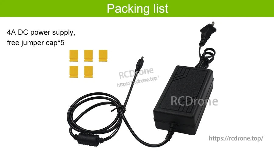 Packing list showing 5V 4A DC power supply and five jumper caps included in the box