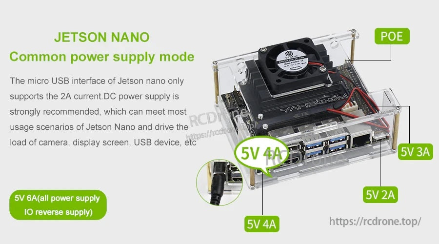 Jetson Nano common power supply mode illustrating 5V 4A DC input recommended for peripherals and loads