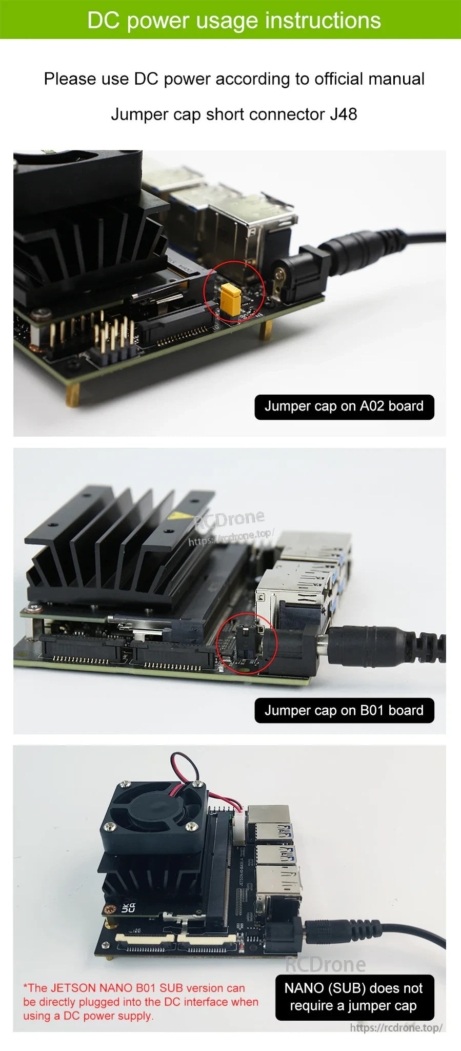 DC power usage instructions highlighting J48 jumper cap placement on A02 and B01; SUB does not require it