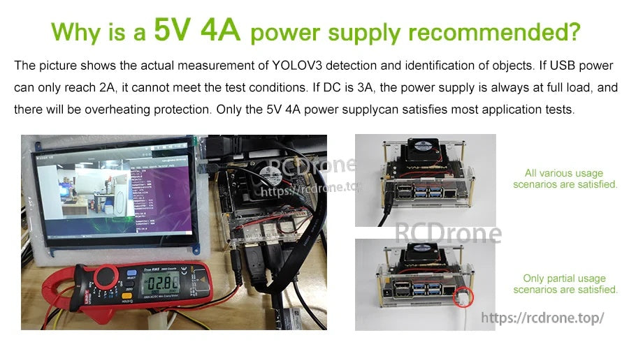 Test comparison explaining why a 5V 4A power supply is recommended for Jetson Nano workloads