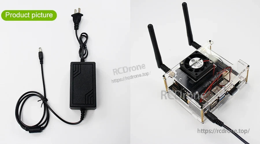 NVIDIA Jetson Nano 5V 4A DC Power Adapter (US Plug) alongside a Jetson Nano board connected via DC jack
