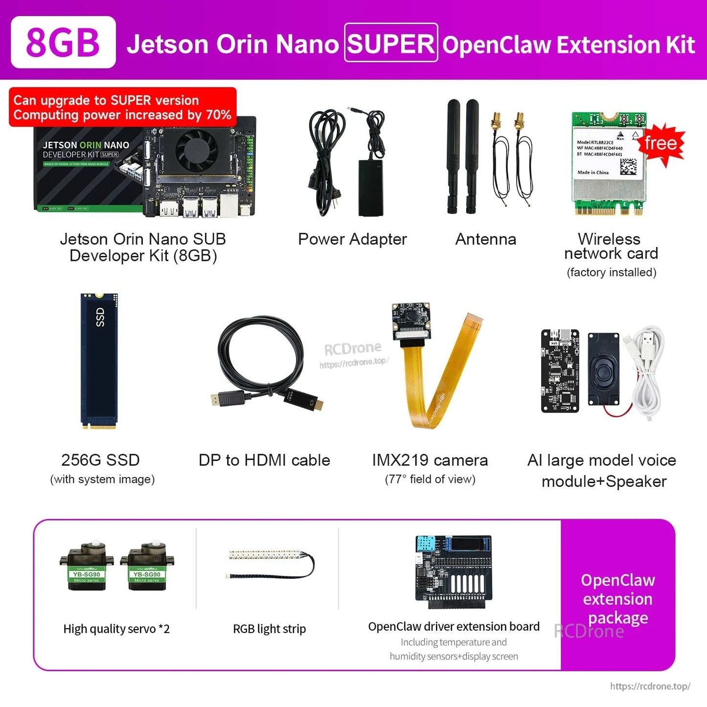 Jetson Orin Nano 8GB SUPER developer kit bundle with power adapter, antennas, SSD, IMX219 camera and cables