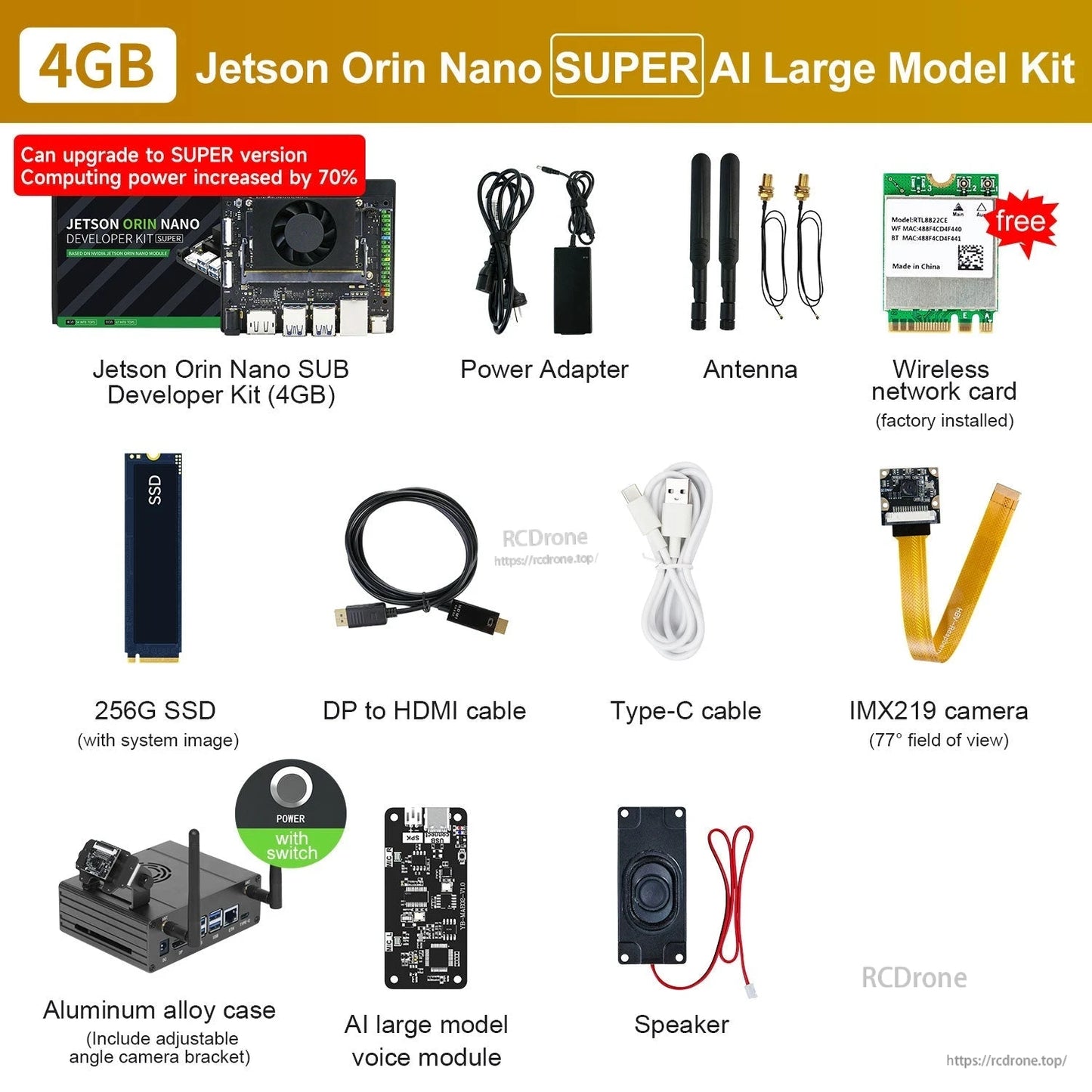 Jetson Orin Nano SUPER developer kit bundle with power adapter, antennas, 256GB SSD, cables, IMX219 camera and case