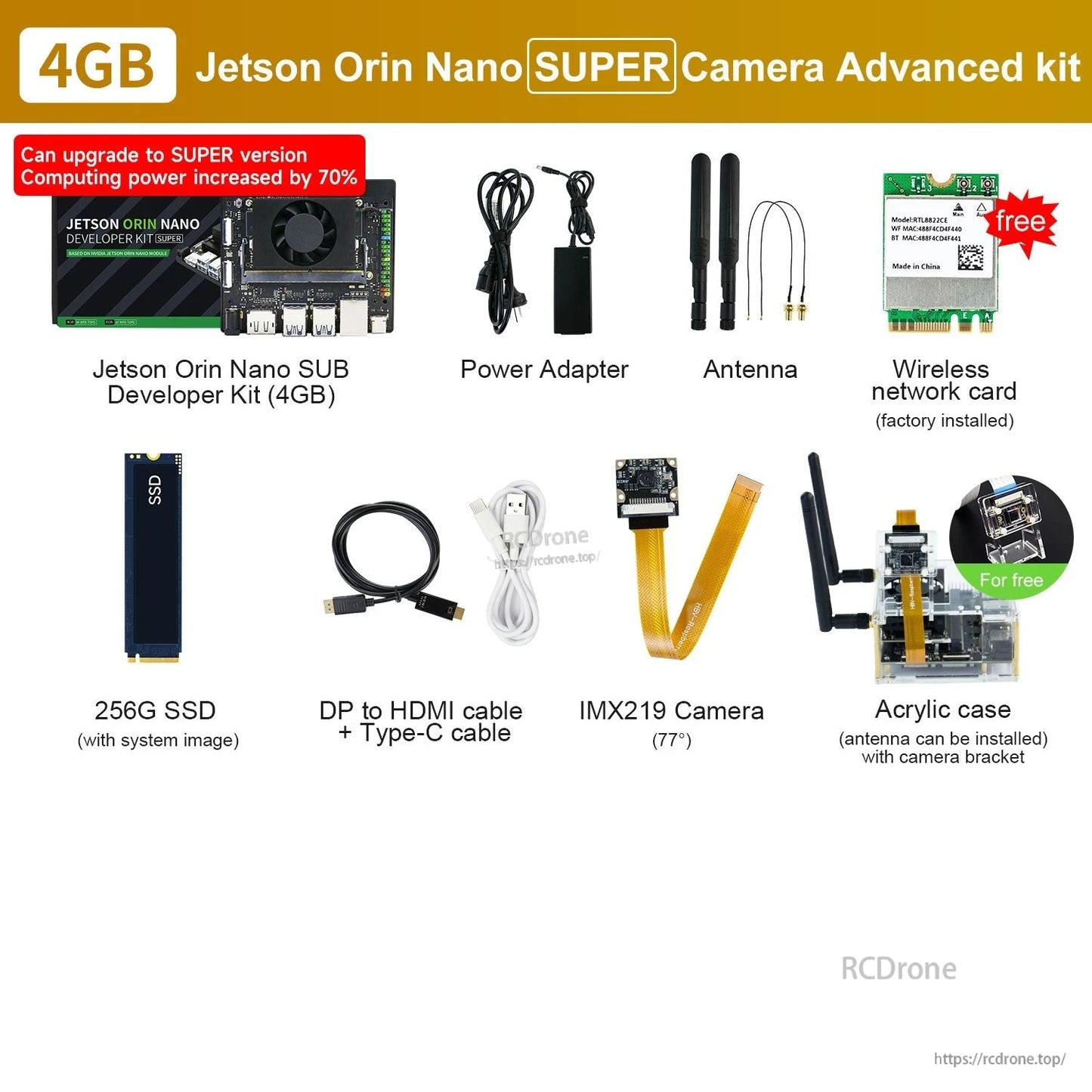 4GB Jetson Orin Nano SUPER camera advanced kit with IMX219 camera, cables, acrylic case, SSD, Wi‑Fi card and antennas