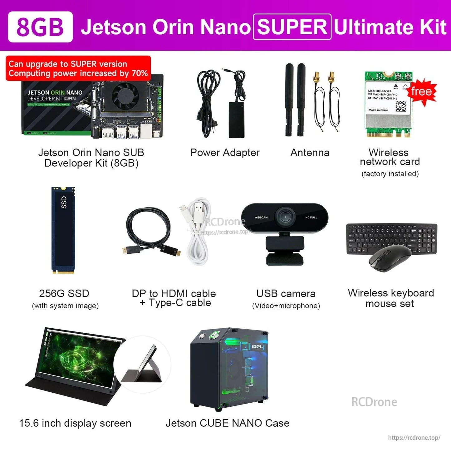 Jetson Orin Nano SUPER 8GB developer kit bundle with power adapter, antennas, SSD, cables, camera, display, case