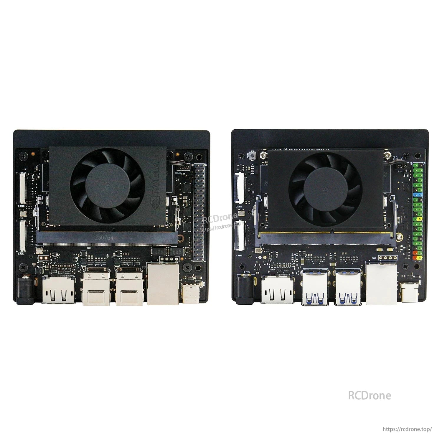 NVIDIA Jetson Orin Nano SUPER Developer Kit top views showing fan module and front I/O ports on two boards