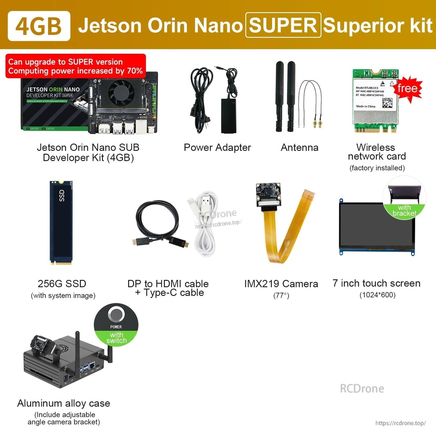 Jetson Orin Nano 4GB SUPER developer kit bundle with power adapter, antennas, 256GB SSD, camera, and 7" touchscreen