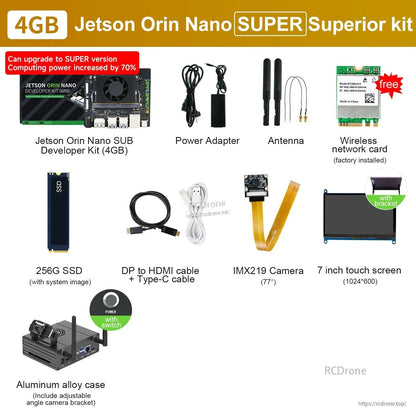 Jetson Orin Nano 4GB SUPER developer kit bundle with power adapter, antennas, 256GB SSD, camera, and 7" touchscreen