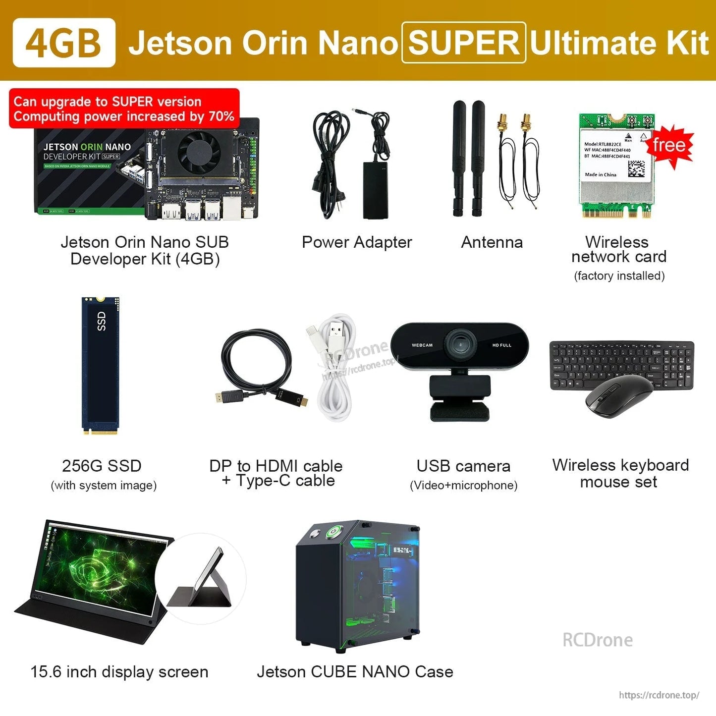 4GB Jetson Orin Nano SUPER ultimate kit with display, USB camera, keyboard/mouse, CUBE NANO case, SSD and accessories