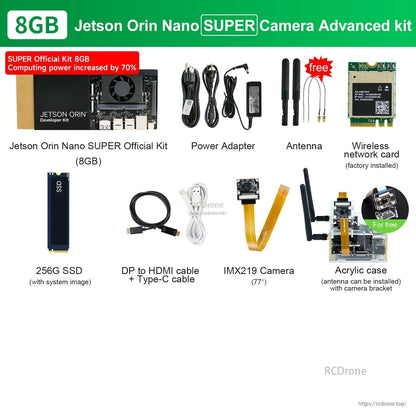 Jetson Orin Nano SUPER 8GB developer kit bundle with power adapter, antennas, 256GB SSD, IMX219 camera and cables