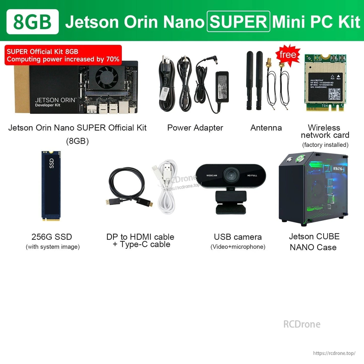 Jetson Orin Nano SUPER 8GB developer kit bundle with power adapter, antennas, 256GB SSD, cables, USB camera, and case