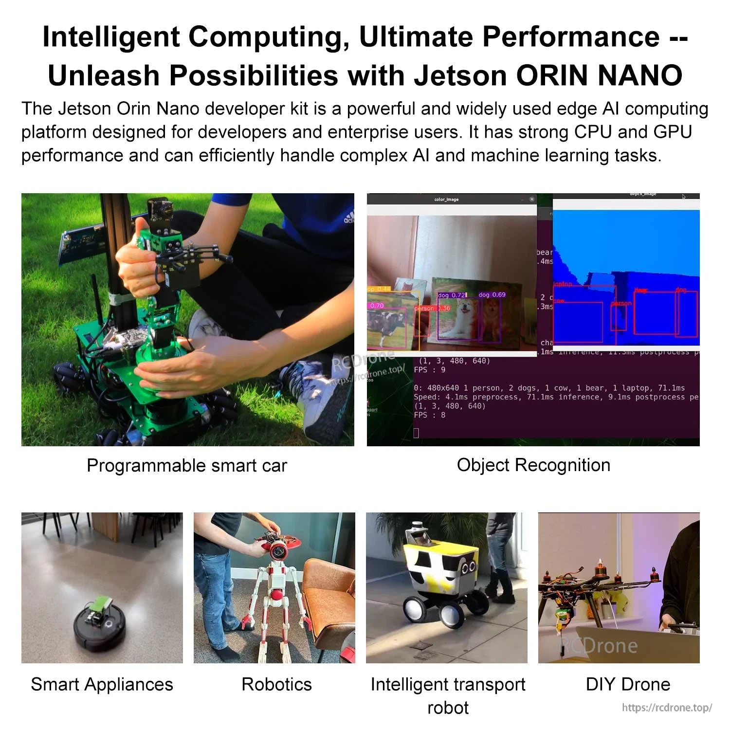 Edge AI application examples: programmable car, object recognition, smart appliances, robotics, transport robot, DIY drone