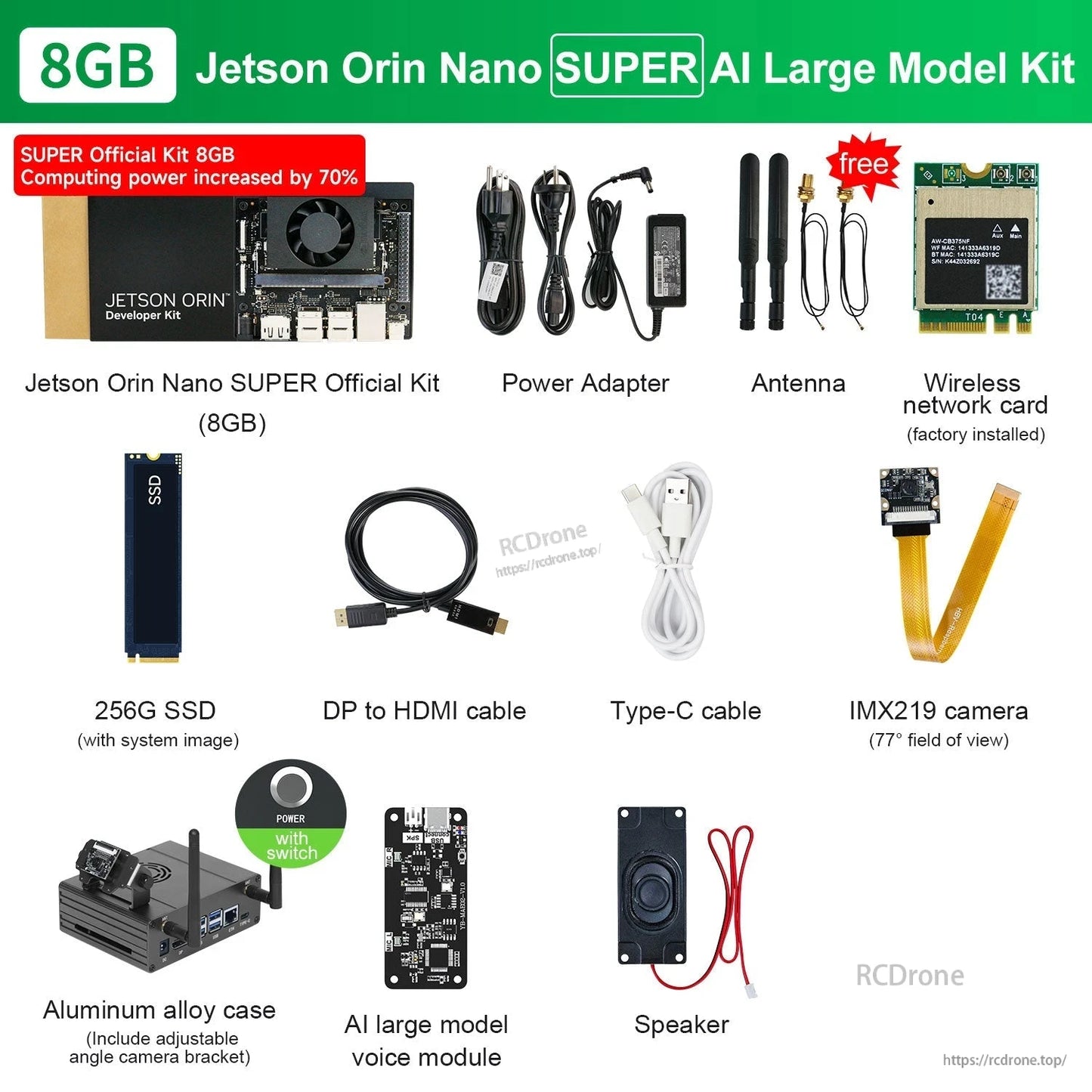 Jetson Orin Nano SUPER 8GB developer kit contents with power adapter, antennas, SSD, cables, IMX219 camera, case, and speaker