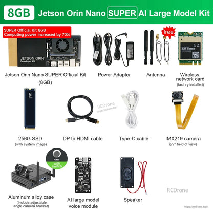 Jetson Orin Nano SUPER 8GB developer kit contents with power adapter, antennas, SSD, cables, IMX219 camera, case, and speaker