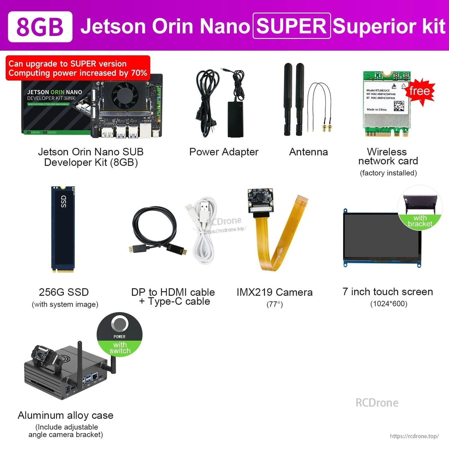 Jetson Orin Nano SUPER developer kit bundle with board, power adapter, antennas, 256GB SSD, camera and 7" touchscreen