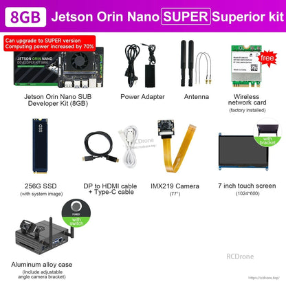 Jetson Orin Nano SUPER developer kit bundle with board, power adapter, antennas, 256GB SSD, camera and 7" touchscreen