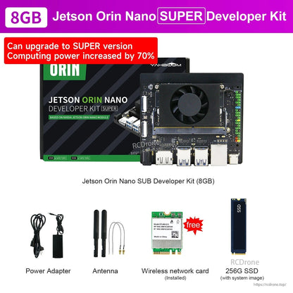 8GB Jetson Orin Nano SUPER developer kit bundle contents: power adapter, antennas, Wi‑Fi card and 256GB SSD