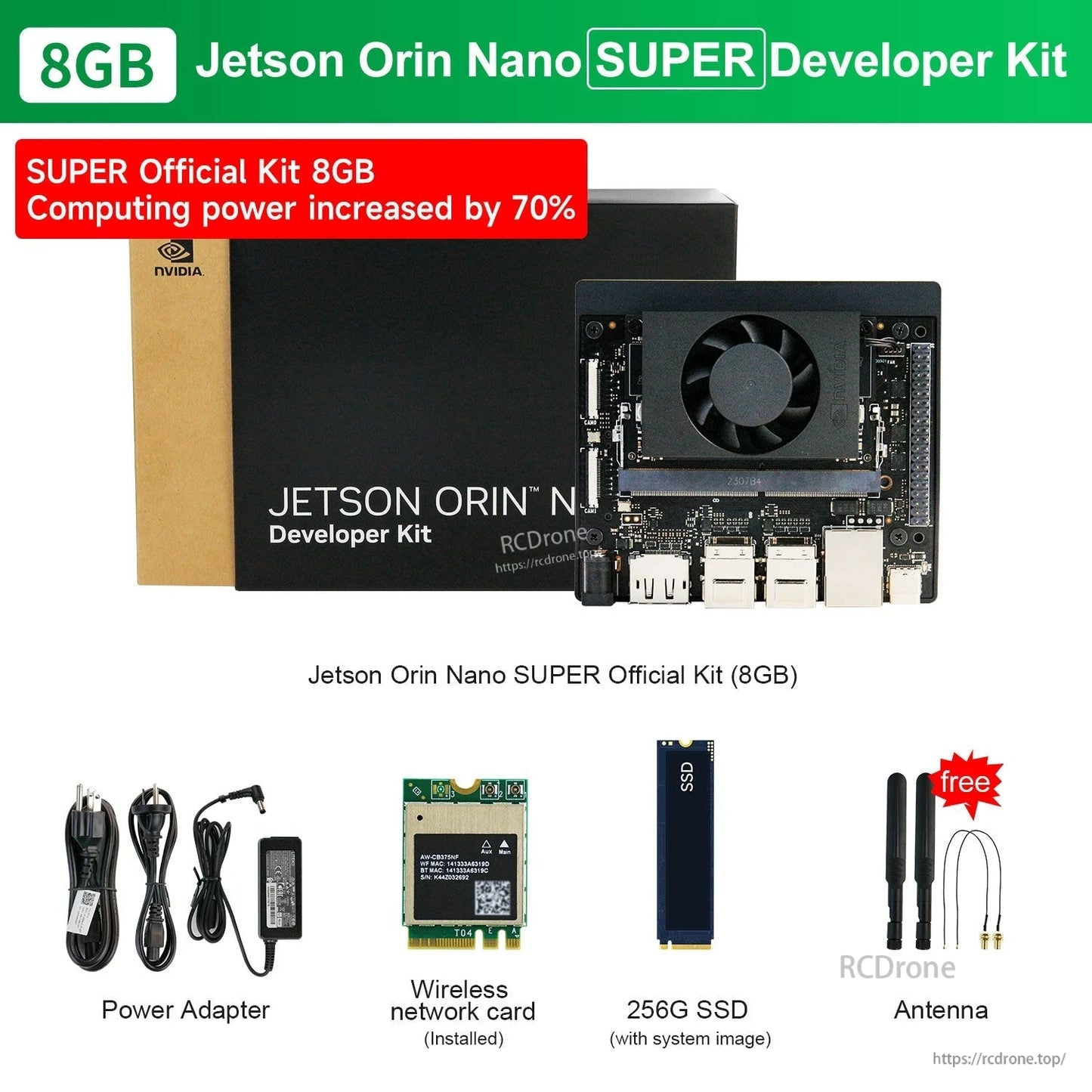 Jetson Orin Nano SUPER Developer Kit 8GB board with cooling fan, ports, power adapter, SSD, Wi‑Fi card and antennas