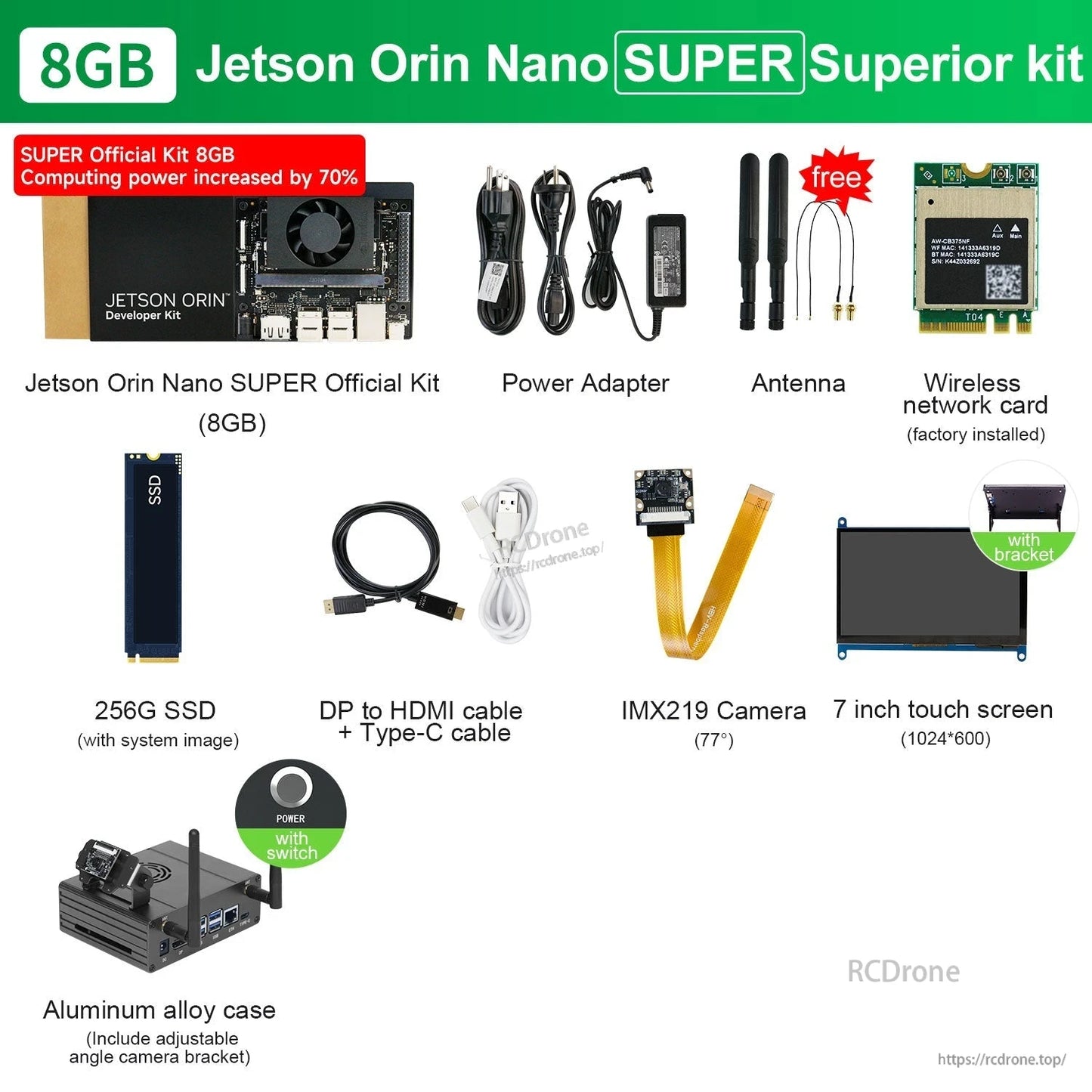 Jetson Orin Nano SUPER developer kit bundle with power adapter, antennas, 256GB SSD, IMX219 camera and 7-inch touchscreen
