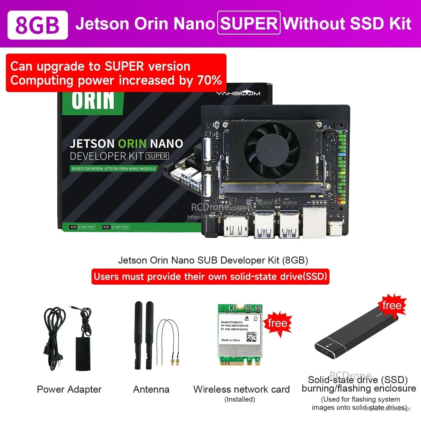 NVIDIA Jetson Orin Nano SUPER developer kit 8GB board with cooling fan, power adapter, antennas, and SSD enclosure