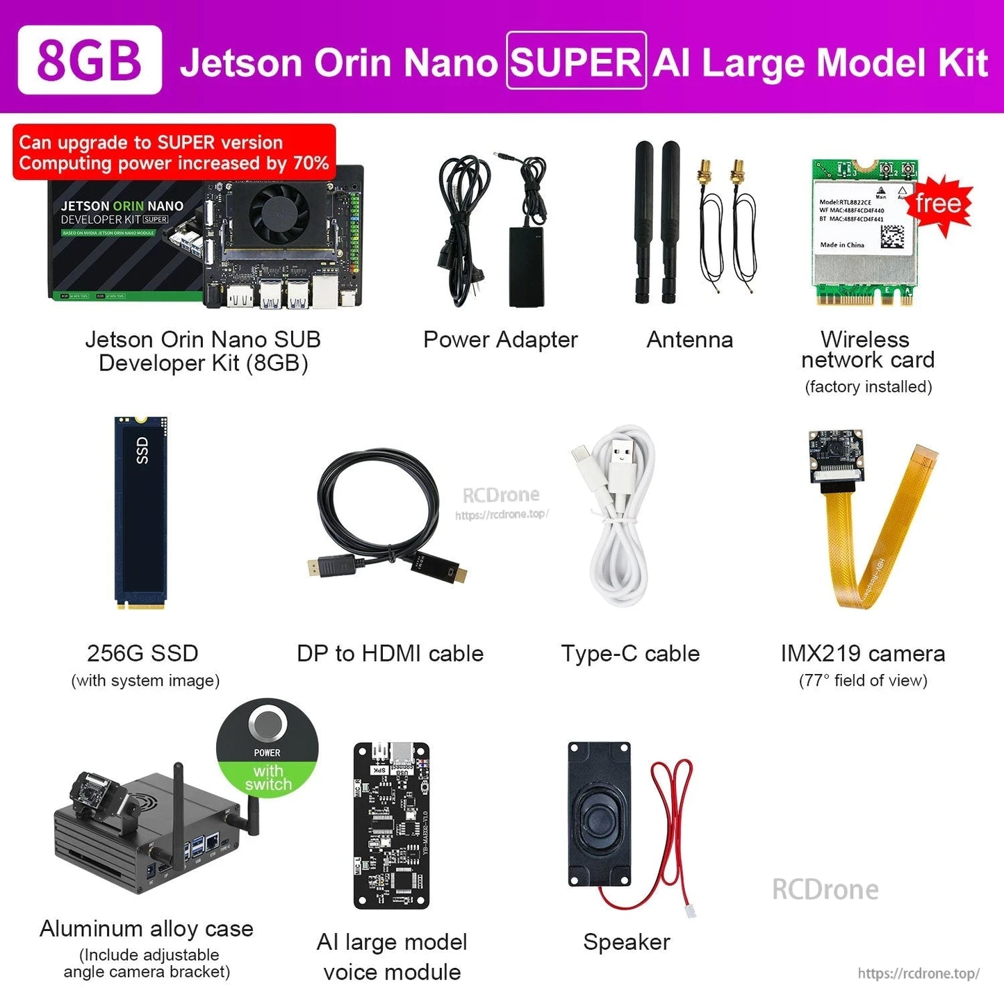 Jetson Orin Nano SUPER 8GB developer kit bundle with power adapter, antenna, 256GB SSD, cables, case, camera and speaker