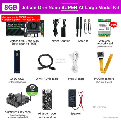 Jetson Orin Nano SUPER 8GB developer kit bundle with power adapter, antenna, 256GB SSD, cables, case, camera and speaker