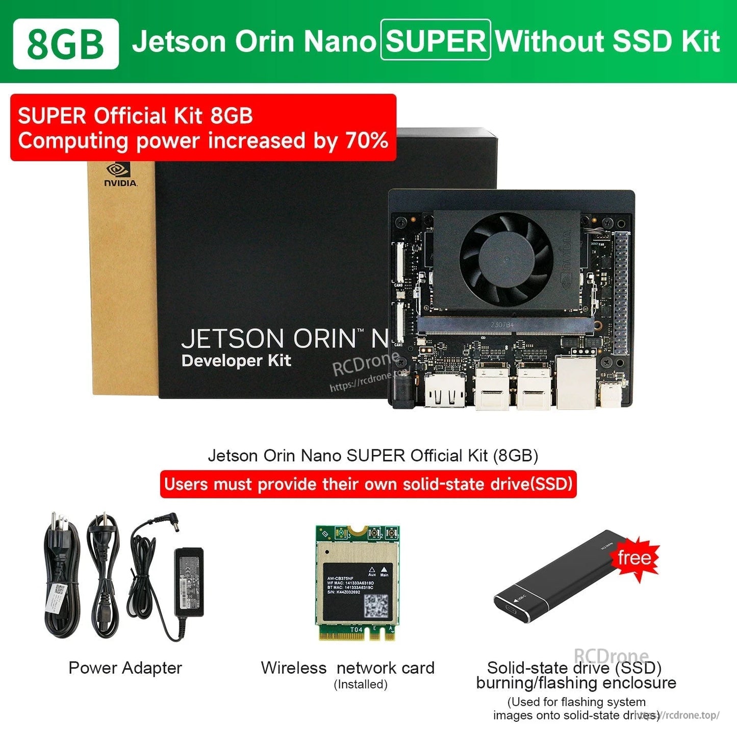 NVIDIA Jetson Orin Nano SUPER Developer Kit 8GB board with fan, I/O ports, power adapter, and SSD enclosure