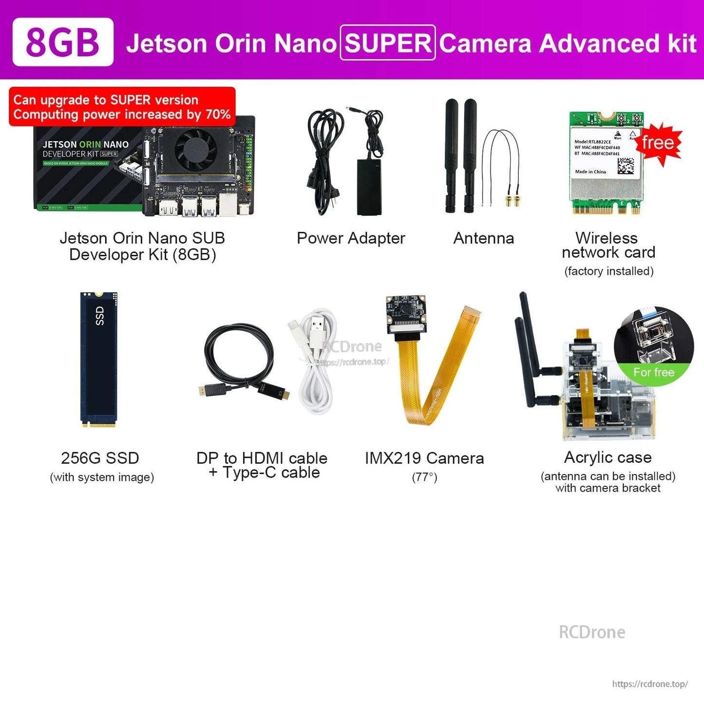8GB Jetson Orin Nano SUPER camera advanced kit with IMX219 camera, acrylic case, cables, SSD, Wi‑Fi card and antennas