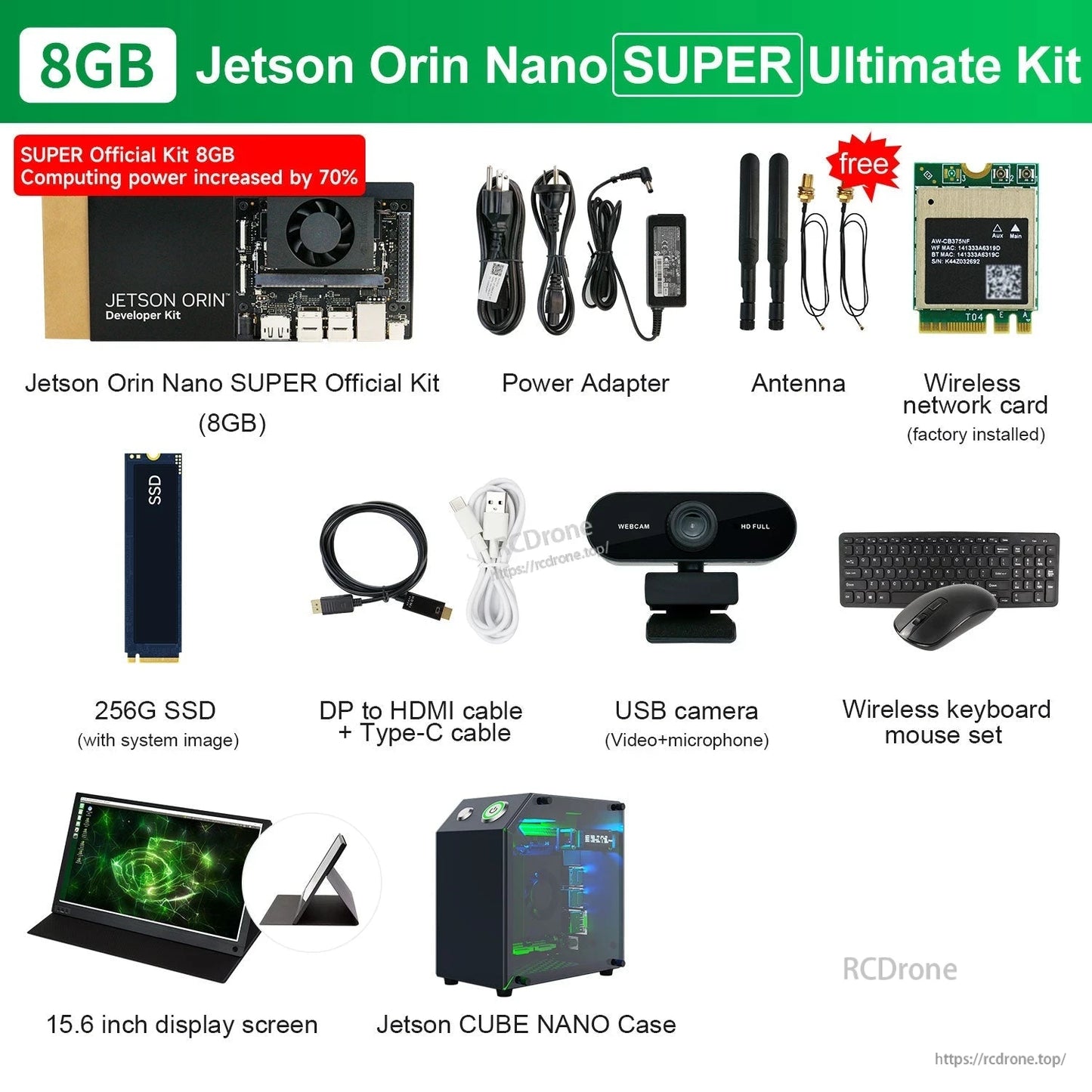 Jetson Orin Nano SUPER developer kit bundle with power adapter, antennas, SSD, cables, webcam, display, case, keyboard/mouse