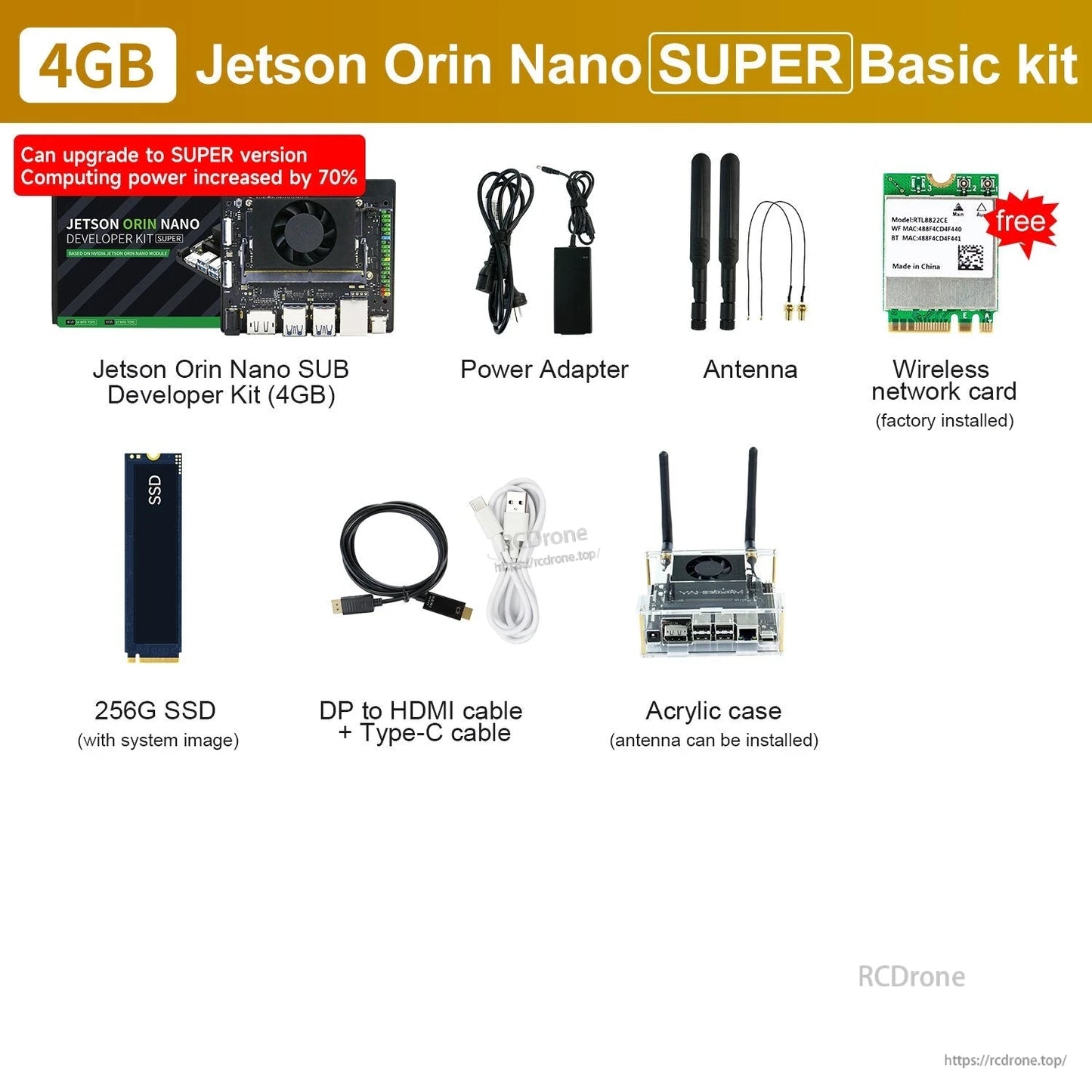 4GB Jetson Orin Nano SUPER basic kit contents: dev board, power, antennas, Wi‑Fi card, SSD, DP/HDMI and Type‑C cables, acrylic case