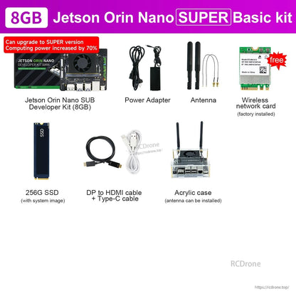 8GB Jetson Orin Nano SUPER basic kit contents: dev board, power, antennas, Wi‑Fi card, SSD, DP/HDMI and Type‑C cables, acrylic case
