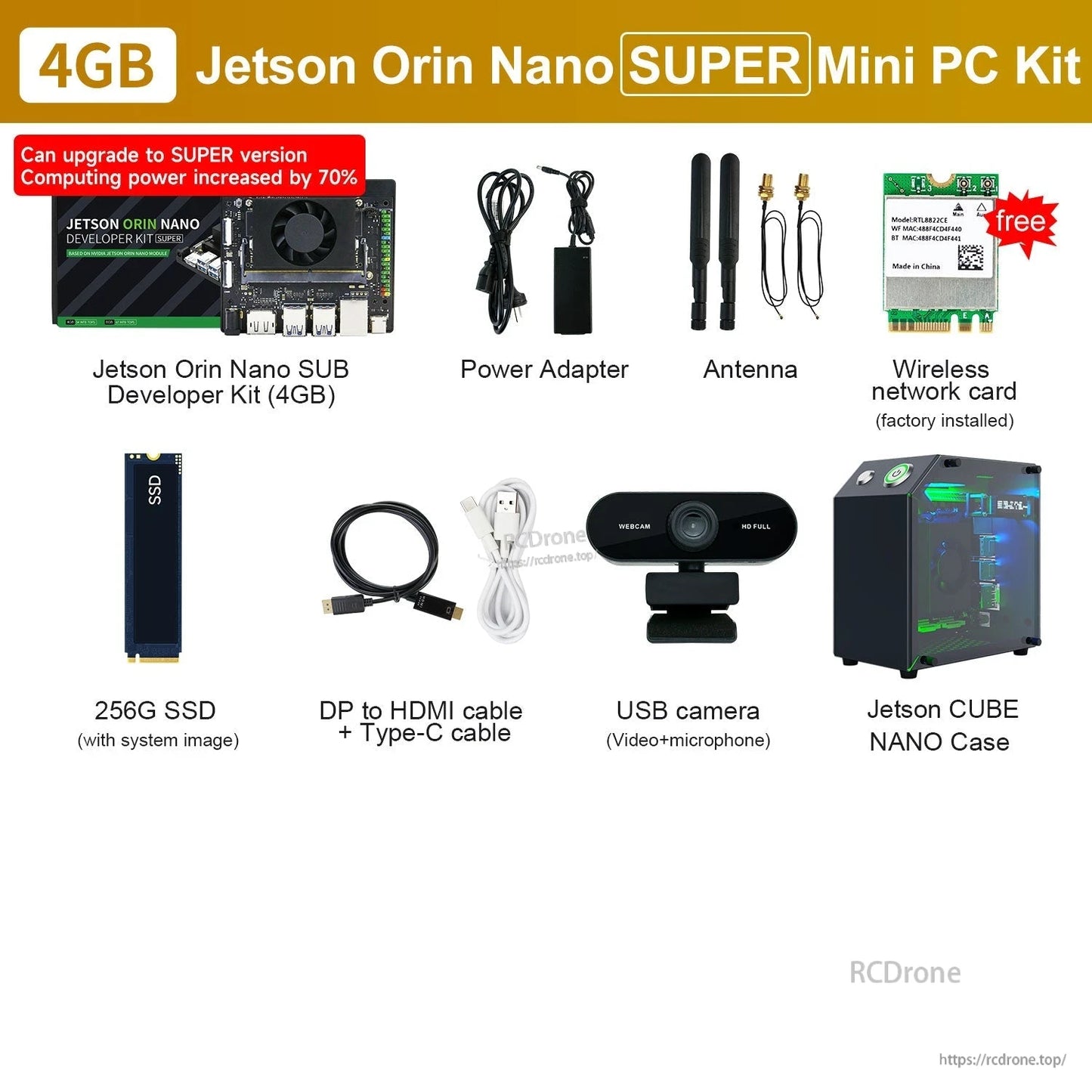 4GB Jetson Orin Nano SUPER mini PC kit including USB camera, Jetson CUBE NANO case, cables, SSD and Wi‑Fi card