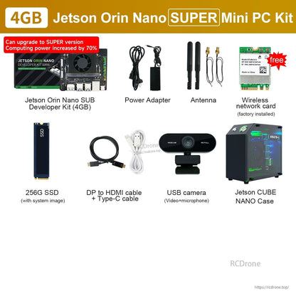 4GB Jetson Orin Nano SUPER mini PC kit including USB camera, Jetson CUBE NANO case, cables, SSD and Wi‑Fi card