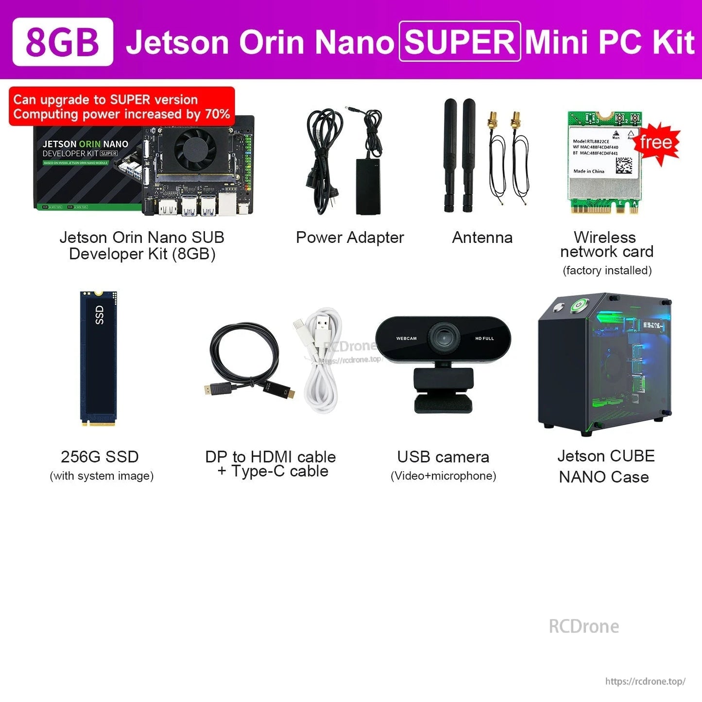 Jetson Orin Nano SUPER 8GB developer kit contents with power adapter, antennas, 256GB SSD, cables, USB camera and case