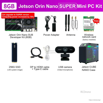 Jetson Orin Nano SUPER 8GB developer kit contents with power adapter, antennas, 256GB SSD, cables, USB camera and case