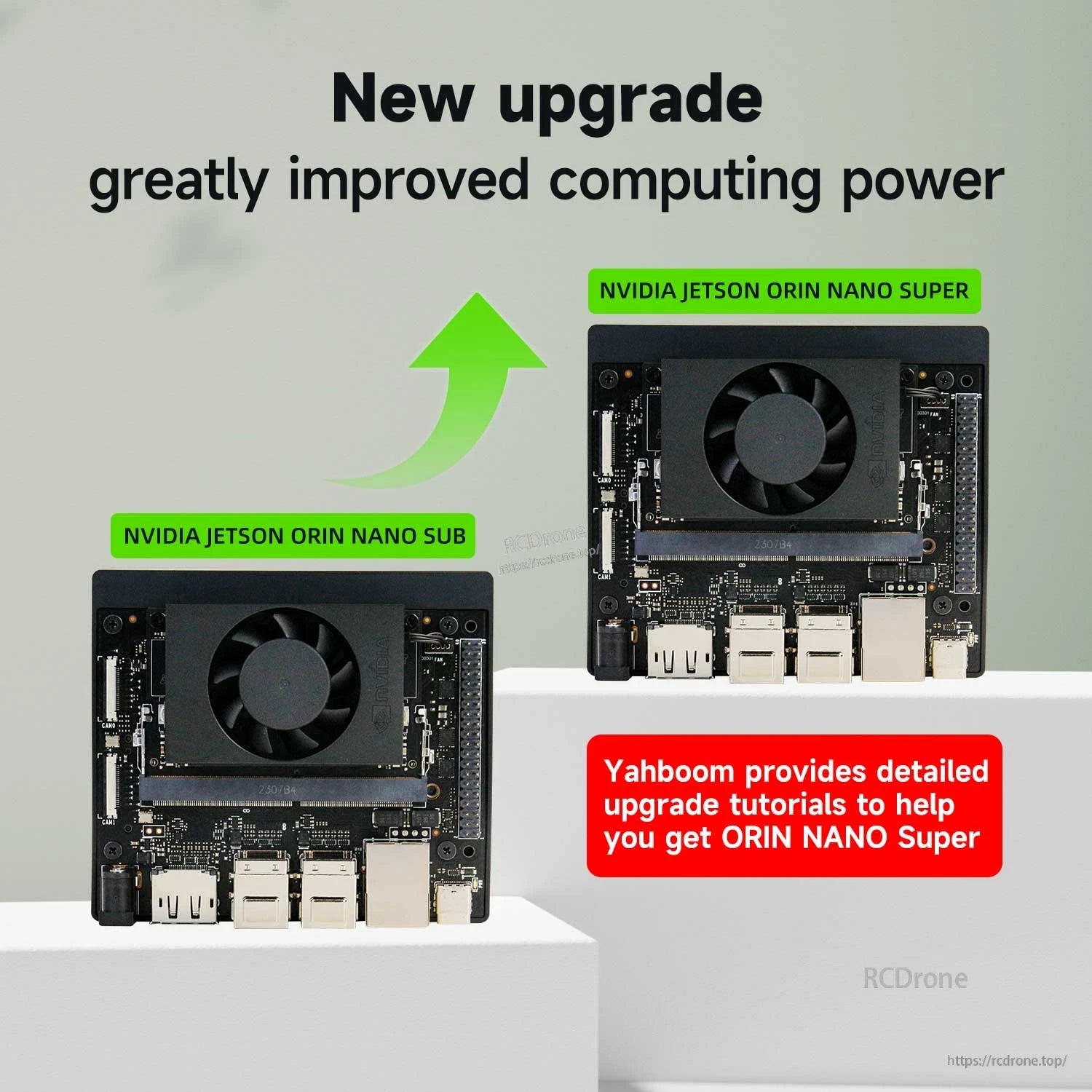 Comparison graphic showing Jetson Orin Nano SUB vs Jetson Orin Nano SUPER boards and upgrade tutorials
