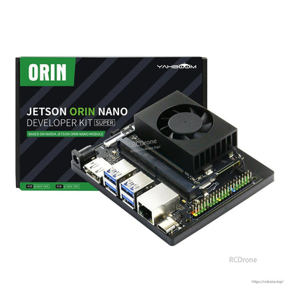 NVIDIA Jetson Orin Nano SUPER Developer Kit board with cooling fan shown next to retail box packaging