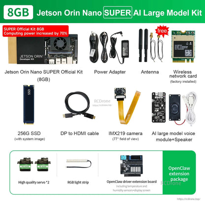 NVIDIA Jetson Orin Nano SUPER developer kit bundle with power adapter, antennas, SSD, IMX219 camera, and cables