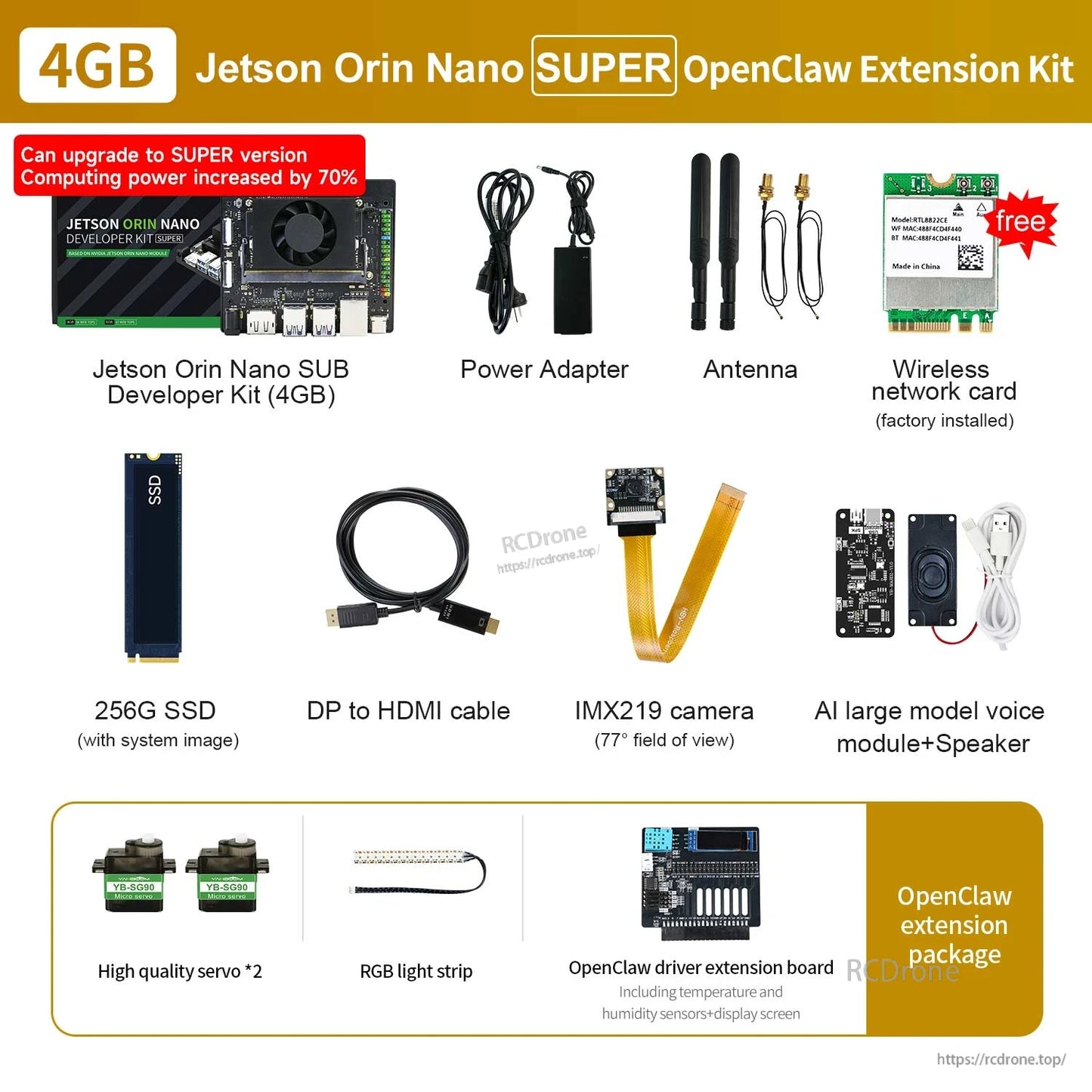Jetson Orin Nano SUPER OpenClaw extension kit contents with dev board, power adapter, SSD, camera, servos and cables