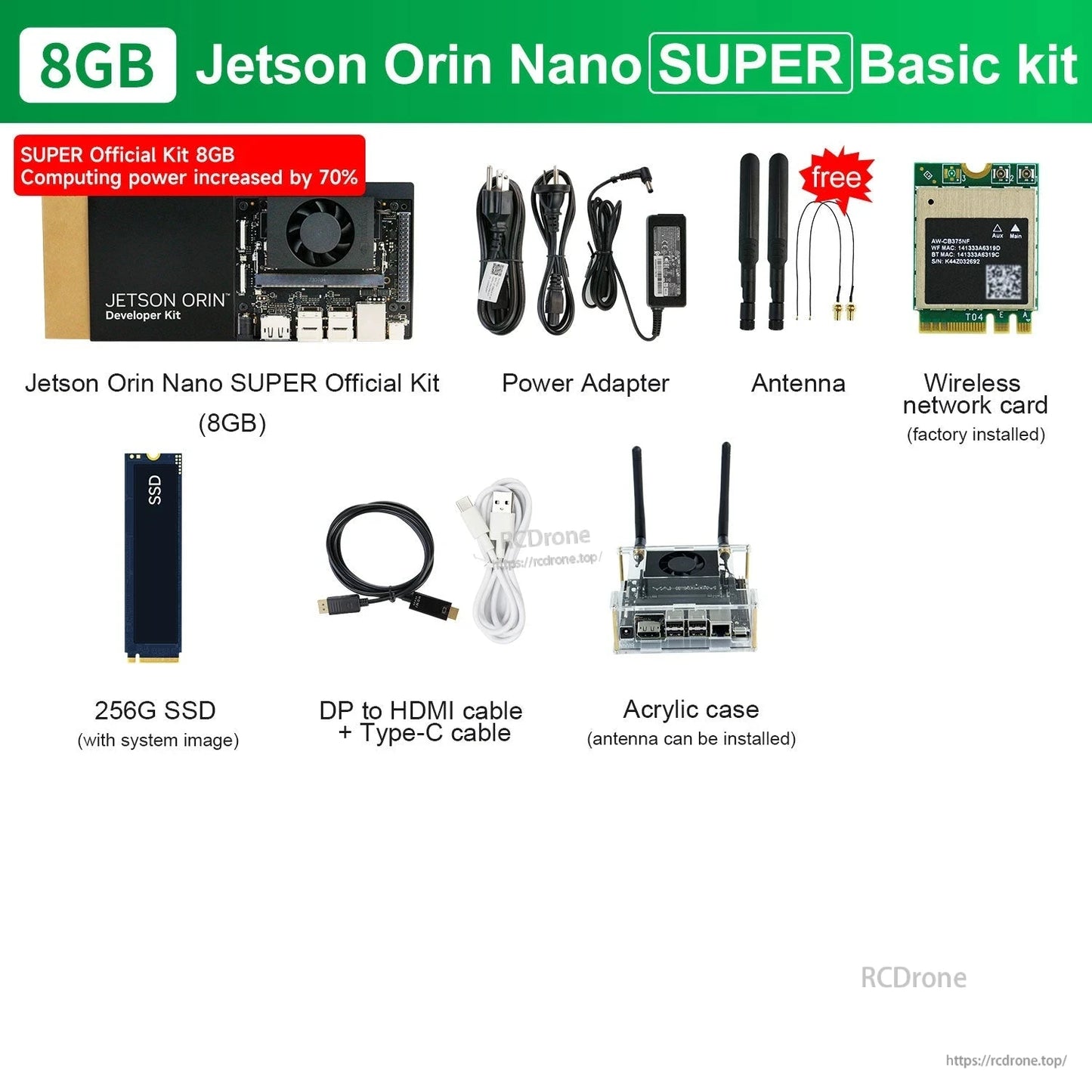 NVIDIA Jetson Orin Nano SUPER official 8GB dev kit contents with power adapter, antennas, SSD, cables, and acrylic case
