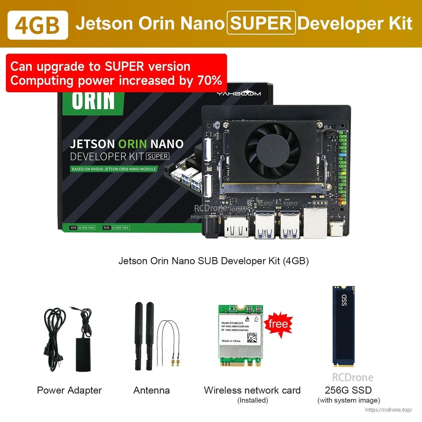 4GB Jetson Orin Nano SUPER developer kit bundle contents: power adapter, antennas, Wi‑Fi card and 256GB SSD
