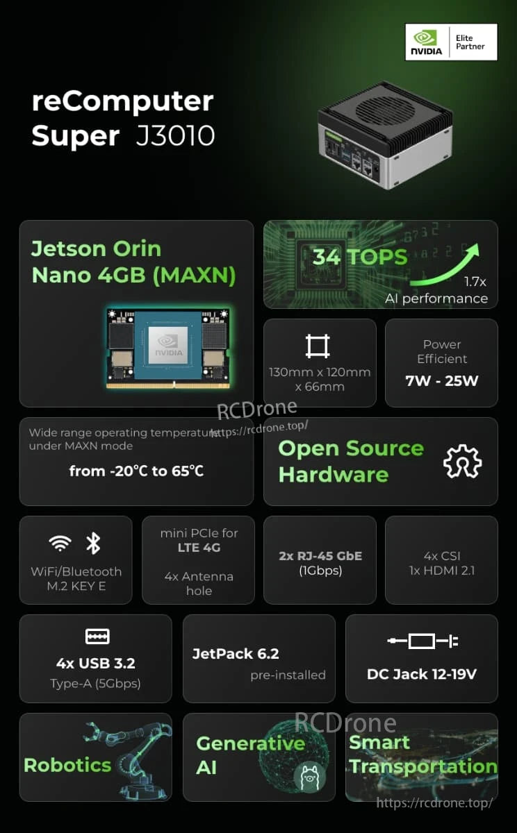 NVIDIA Jetson Orin Nano Edge AI Computer, Jetson Orin Nano 4GB offers 34 TOPS AI performance, 1.7x gain, 7W–25W efficiency, open hardware, wide temperature range, ideal for robotics, generative AI, and smart transportation. (24 words)