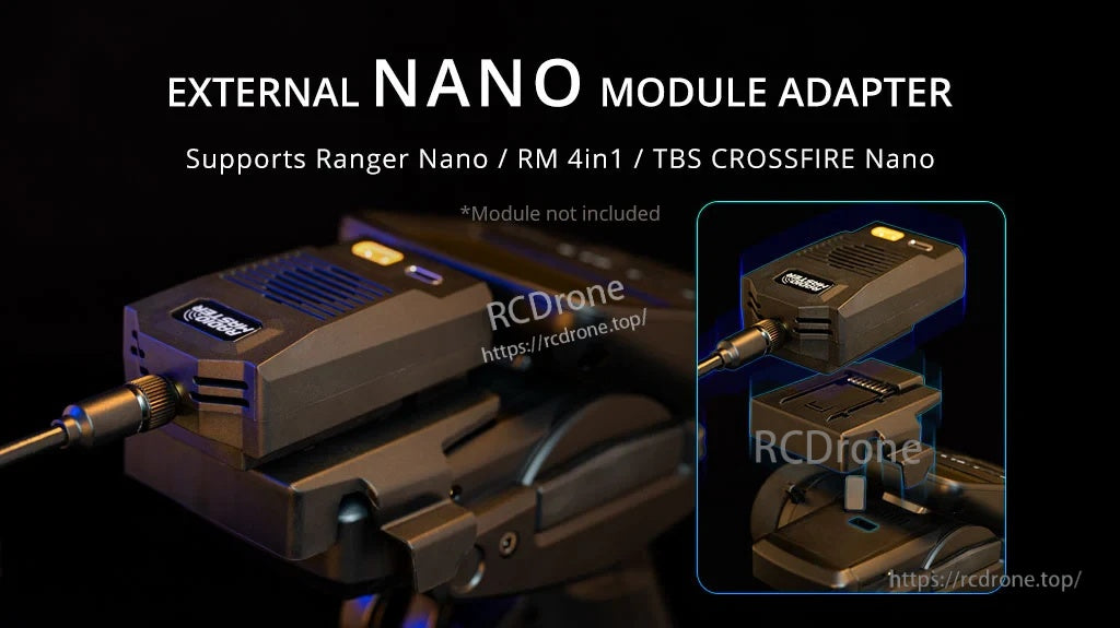 RadioMaster MT12 external nano module adapter installed on radio, supports Ranger Nano, RM 4in1 and TBS Crossfire Nano