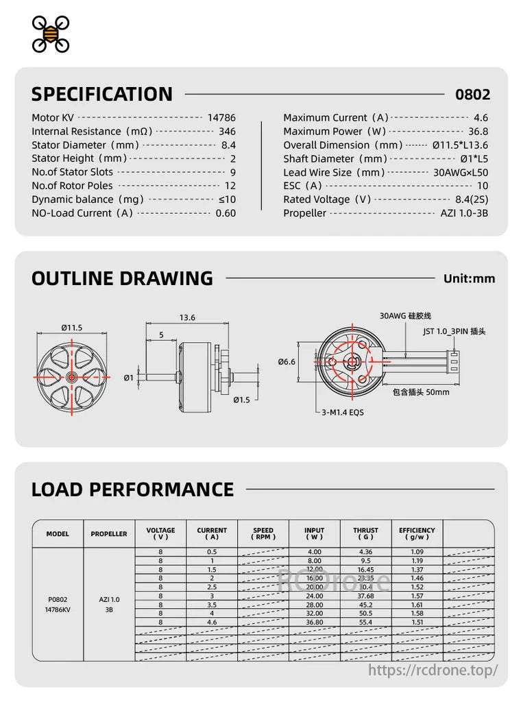 NewBeeDrone 0802 brushless FPV motor with 14786KV, designed for AZI 1.0-3B propeller, compact at 11.5x13.6mm, and efficient at max 4.6A, 36.8W, 8.4V.