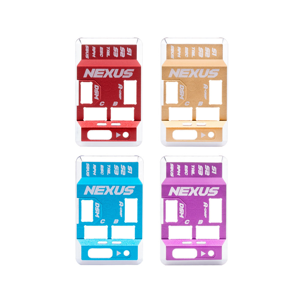 RadioMaster Nexus aluminum flight controller case set in red, gold, blue and purple anodized finishes