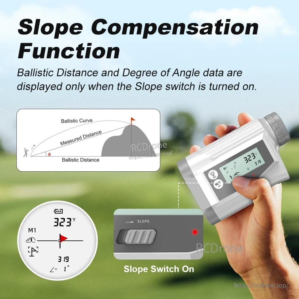 NoHawk Golf Laser Rangefinder, Slope Compensation Function: Displays ballistic distance and angle data when slope switch is on.