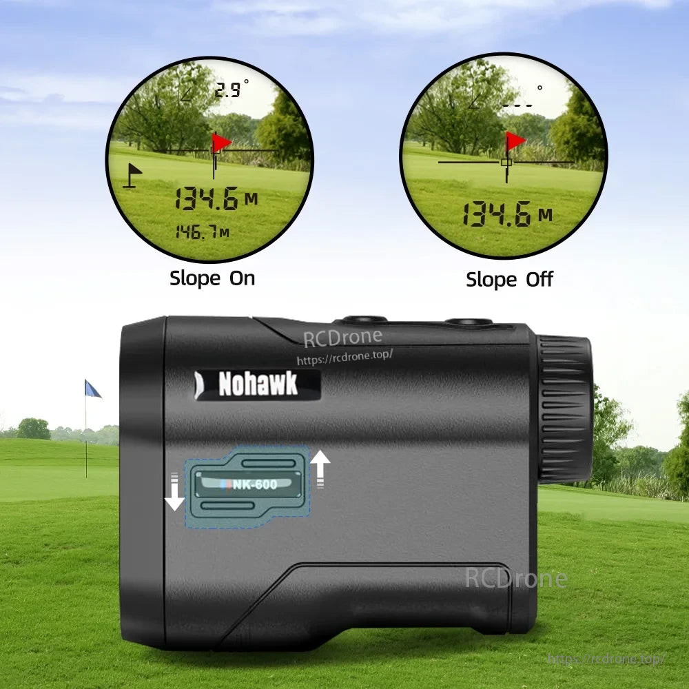 NoHawk Golf Laser Rangefinder, NoHawk NK-600 rangefinder measures 134.6m and 146.7m at 2.9° angle; features slope on/off for golf accuracy.