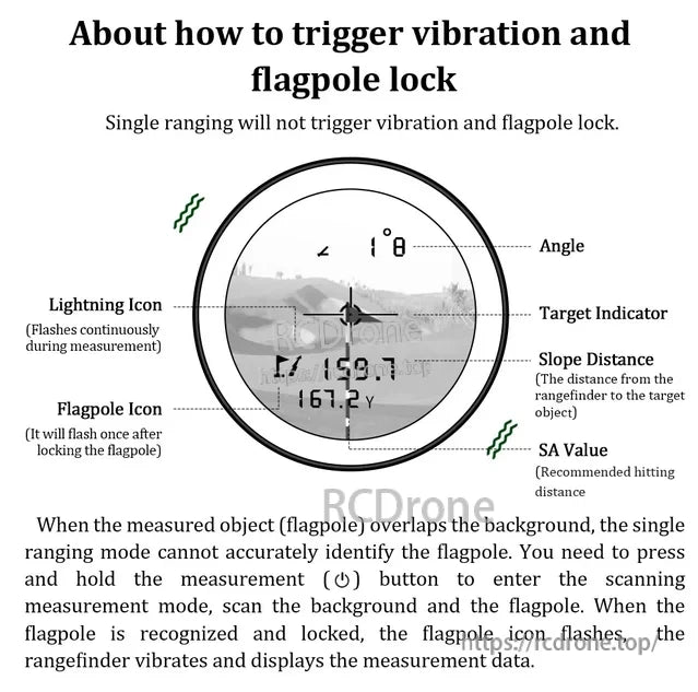 NoHawk Golf Laser Rangefinder, Use scanning mode on a golf rangefinder to activate vibration and flagpole lock; it detects, locks, flashes, vibrates, and shows distance—single ranging won’t work.