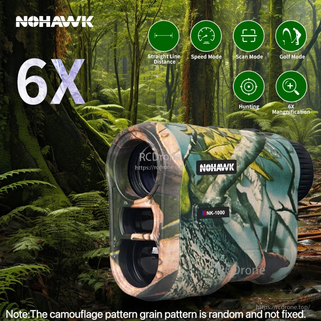 NoHawk Golf Laser Rangefinder, NoHawk 6X Rangefinder features distance, speed, scan, golf, and hunting modes, 6X magnification, with varying camouflage patterns.