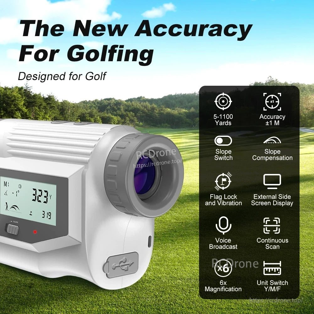 NoHawk Golf Laser Rangefinder, Compact golf laser rangefinder with 5-1100 yard range, ±1M accuracy, slope compensation, voice broadcast, 6x magnification, and unit switching capability.